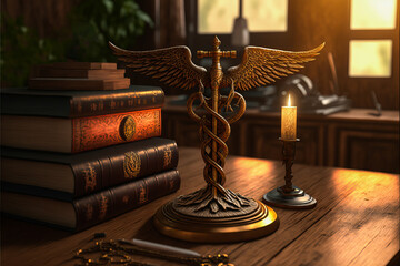 Delicately stylized caduceus sitting on a luxurious desk surrounded by medical books. Elegant and vintage charm, a perfect image for medical related projects.
