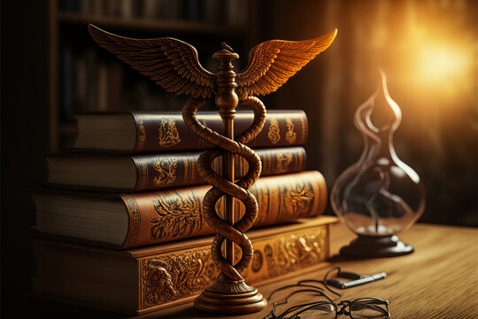 Vintage view of the beautiful and stylized medical caduceus, displayed on a luxurious desk between books of erudition. Ideal for evoking medicine and universality.