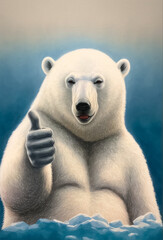Polar bear on the ice showing thumbs up. Digital illustration, created with generative ai technology. - obrazy, fototapety, plakaty