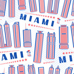 Vector Miami Seamless Pattern, square repeat background with illustration of red famous miami city scape on white background for wrapping paper, decorative line art urban poster with blue text miami