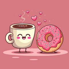 Funny cartoon characters coffee and donut in love