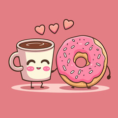 a cup of coffee and a donut on a pink background