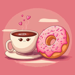 donut and a cup of coffee on a pink background with hearts