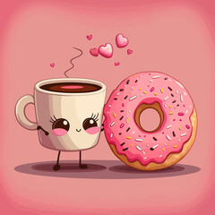 a cup of coffee and a donut on a pink background