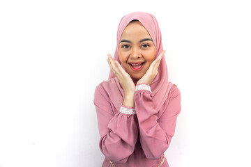 Shout and surprised, Young Asian Muslim woman dressed in pink shout and surprised isolated on white background