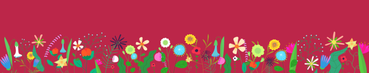 Floral horizontal banner on viva magenta background. Spring wild blooming flowers border. Herbal plants decoration. Delicate summer field and meadow wildflowers. Botanical abstract blooms on bottom