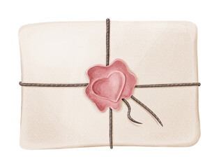 Digital illustration of a Valentines day letter. Stylized decorative symbol of Valentine's day. Hand-drawn clipart in a watercolor style. Light craft envelope with a pink wax seal with a heart