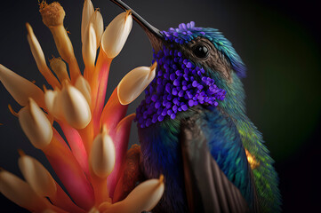 Fototapeta na wymiar hummingbird with a purple flower in its beak