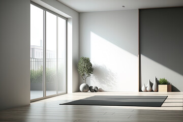 Interior of a contemporary concrete yoga studio with furniture, a blank mockup area on the wall, natural light, and hardwood flooring. notion of a healthy lifestyle. a mockup. Generative AI