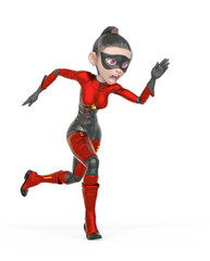 superheroine girl is running fast in white background