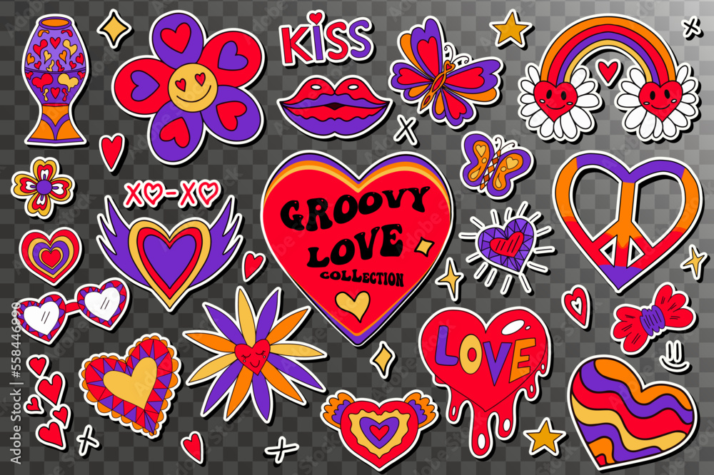 Poster valentine's day groovy retro 70s set elements. love and peace collection clip art hand drawing style