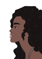 Illustration d’un portait d’une jeune femme afro-américaine vu de profil aux cheveux brun et frisés. Dessin réaliste en couleur. Image lier à la mode et au cosmétique, icône de marque de luxe