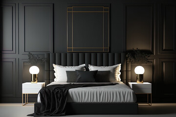 Furniture in a contemporary dark luxury black room is chic white. Generative AI