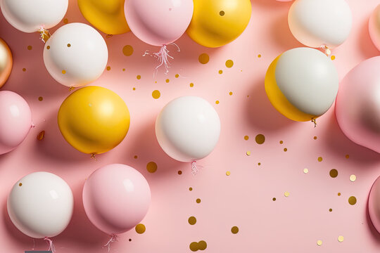 Birthday party backdrop, pastel balloons on a pink background, copy space. Generative AI