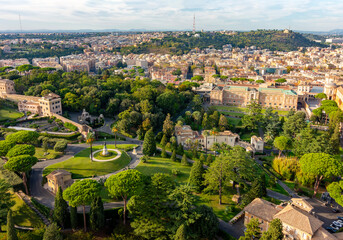 Vatican gardens seen from top of St. Peter's basilica, center of Rome, Italy