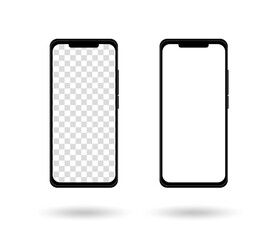 Two realistic smartphone mockups. Cellphone frame with transparent and white blank displays isolated templates, front views. Vector mobile device concept