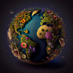 Fototapeta premium A wild and natural garden filled with flowers and green plants covering the planet Earth. An ecological floral illustration perfect for projects imagined in a utopian style.