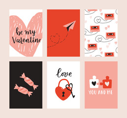Fototapeta na wymiar Set of 6 cute ready-to-use gift romantic postcards. Gifts, hearts, cups and hand drawn lettering. Vector printable collection of Valentine's Day doodle card, invitation, poster