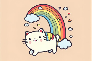 Cartoon symbol of a cute cat bouncing with a rainbow and a cloud background. Generative AI