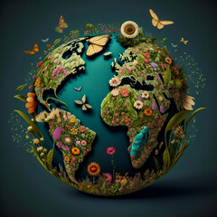 A colorful and wild planet Earth, filled with butterflies and green vegetation. An idyllic image to illustrate the ecological utopia of a natural world.