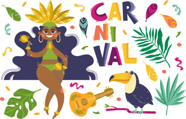 Carnival samba girl, lettering, tropical leaves, feathers, toucan and guitar colorful vector elements set