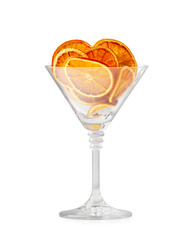 Orange chips in a glass bowl on a white background.