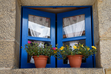 half-open blue window with pots and flowers