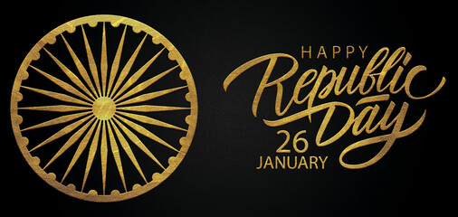 Indian republic Day celebrations with 26th January golden calligraphy design banner