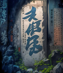 Chinese Graffiti on street wall, illustartion, granular texture