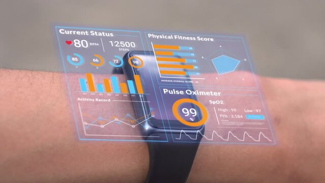 Futuristic hologram infographic display on smartwatch, 3d rendering medical data user interface screen app on hi-tech watch, heart rate SpO2 scanning and physical health condition UI technology