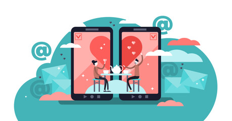 Online dating illustration, transparent background. Flat tiny persons concept couple relationship. Mobile application for distance communication and introduction with romantic or sexual partners. - obrazy, fototapety, plakaty
