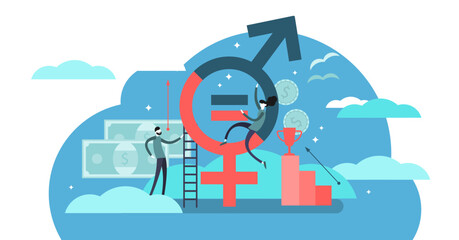 Gender equality illustration, transparent background. Flat tiny persons with sex symbol concept. Social problem solving woman discrimination. Feminism movement for tolerance.