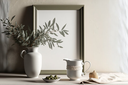 Breakfast still life scene in the spring and summer. Mockup with a cup of coffee, books, and an empty black photo frame. linen tablecloth in beige. Olive branch vase made of ceramic. Scandinavian deco