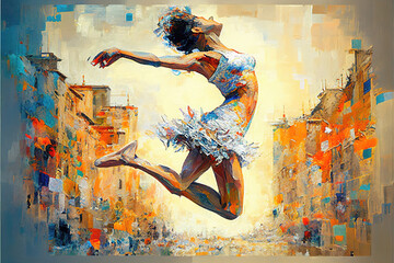 an action flying dance pose of a woman dancing ballet, oil painting style, generative ai technology
