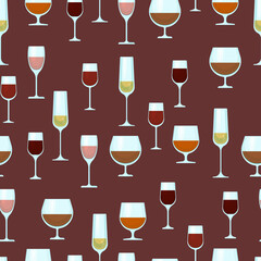 Wine glasses of different shapes with different alcohol seamless pattern. Vector background with alcohol. Print with alcoholic drinks.