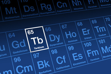 Terbium on periodic table. Malleable and ductile, rare earth metal in the lanthanide series, with atomic number 65, and element symbol Tb. Used in alloys and in the production of electronic devices.
