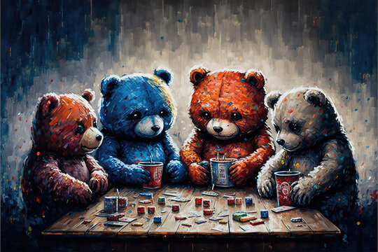 some fluffy teddy bears are playing on the table and drinkig together, generative ai technology
