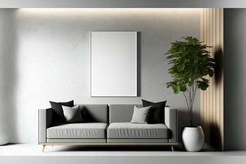 Modern room with sofa, wall panel, and accessories. mockup for an illustration. Generative AI