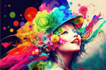 Naklejka premium a happy joyful woman smiling and looking into the air, colorful hat, generative ai technology 