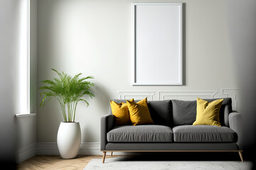 living room background with mock up poster frame in contemporary interior design,. Generative AI