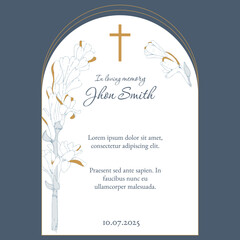funeral card template with blue, white and yellow flower illustration