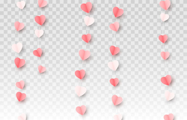 Vector multicolor hanging paper hearts png. Heart shaped paper confetti png. Garland of hearts png. Hearts for Valentine's Day, March 8, Mother's Day.