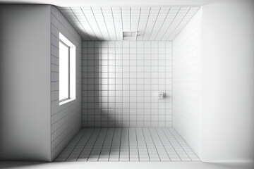 Illustration of a bathroom or toilet room that is vacant and has a white tile floor that is brand new and spotless. The grid lines are symmetrical, and the space is seen from above. Generative AI