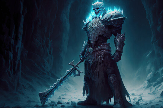 Skeleton evil ice knight standing in a dark-foreboding-frozen-crypt holding a weapon