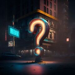 Large 3d question mark symbol in a neon style graphic render surrounding