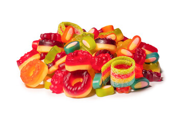 Assorted colorful gummy candies. Top view. Jelly donuts. Jelly bears. Isolated on a white background.
