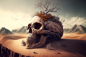 surreal landscape a giant skull with tree and plant grow from top in middle of drought landscape - obrazy, fototapety, plakaty