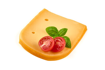 Hard Dutch gouda cheese, close-up, isolated on white background.