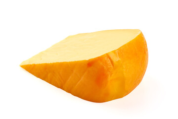 Hard Dutch gouda cheese, close-up, isolated on white background.