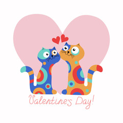 Cats with hearts. Card design for Valentine's Day. Lettering. A couple of cats. Animals in love. Pets. Inscription. Vector illustration.